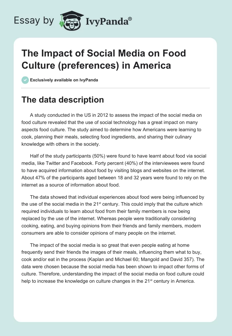 The Impact of Social Media on Food Culture (preferences) in America. Page 1