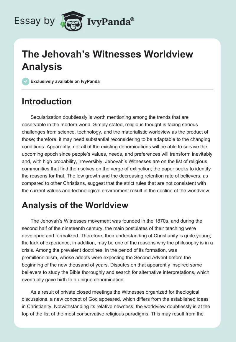 The Jehovah’s Witnesses Worldview Analysis. Page 1
