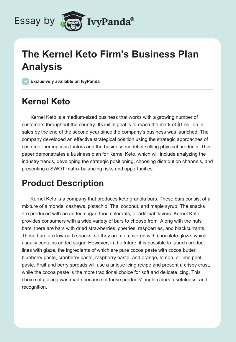 The Kernel Keto Firm's Business Plan Analysis. Page 1