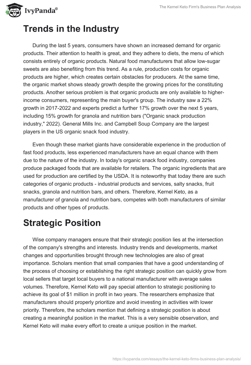 The Kernel Keto Firm's Business Plan Analysis. Page 3