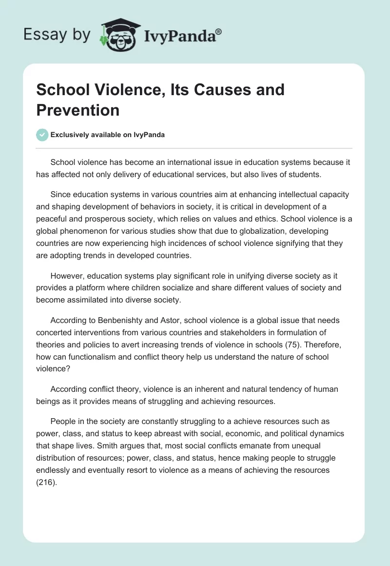 School Violence, Its Causes and Prevention. Page 1