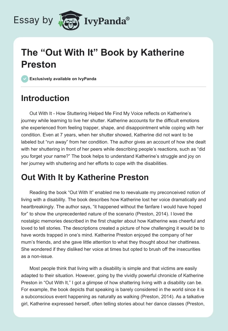 The “Out With It” Book by Katherine Preston. Page 1