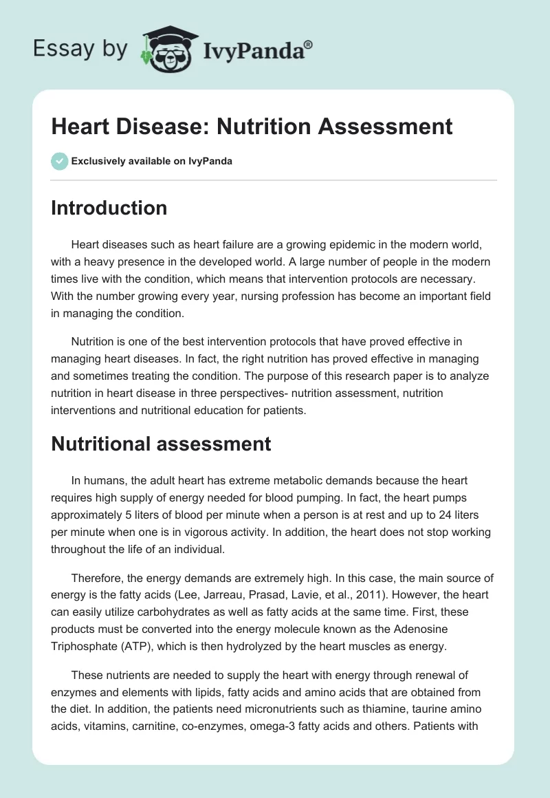 Heart Disease: Nutrition Assessment. Page 1