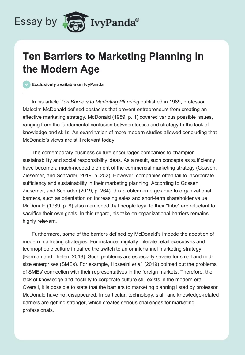 Ten Barriers to Marketing Planning in the Modern Age. Page 1