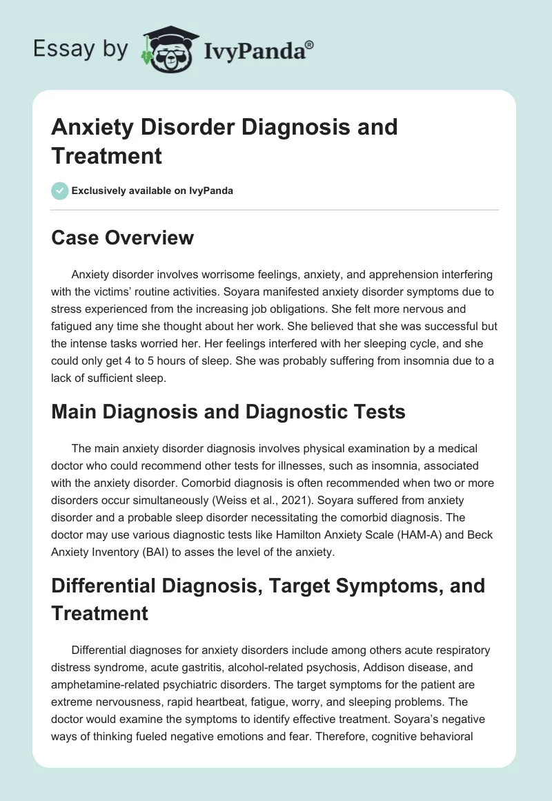 Anxiety Disorder Diagnosis and Treatment. Page 1