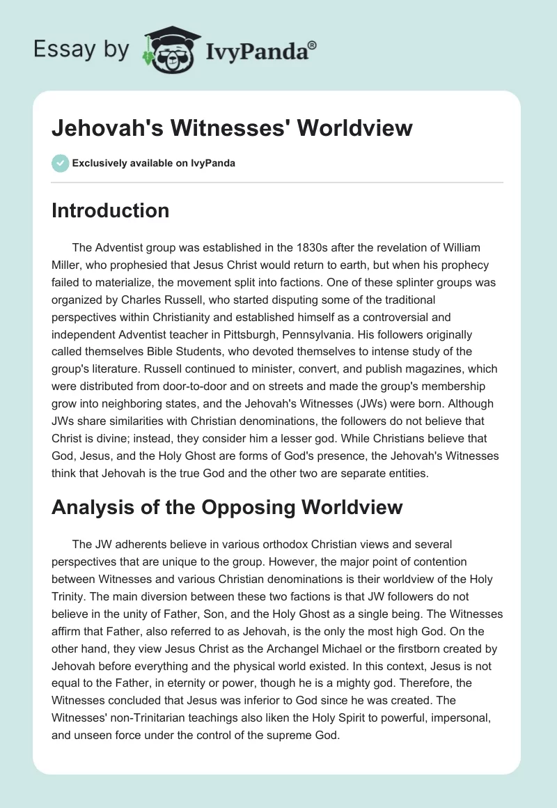 Jehovah's Witnesses' Worldview. Page 1