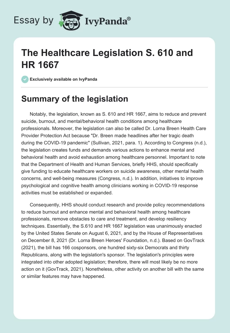 The Healthcare Legislation S. 610 and HR 1667. Page 1