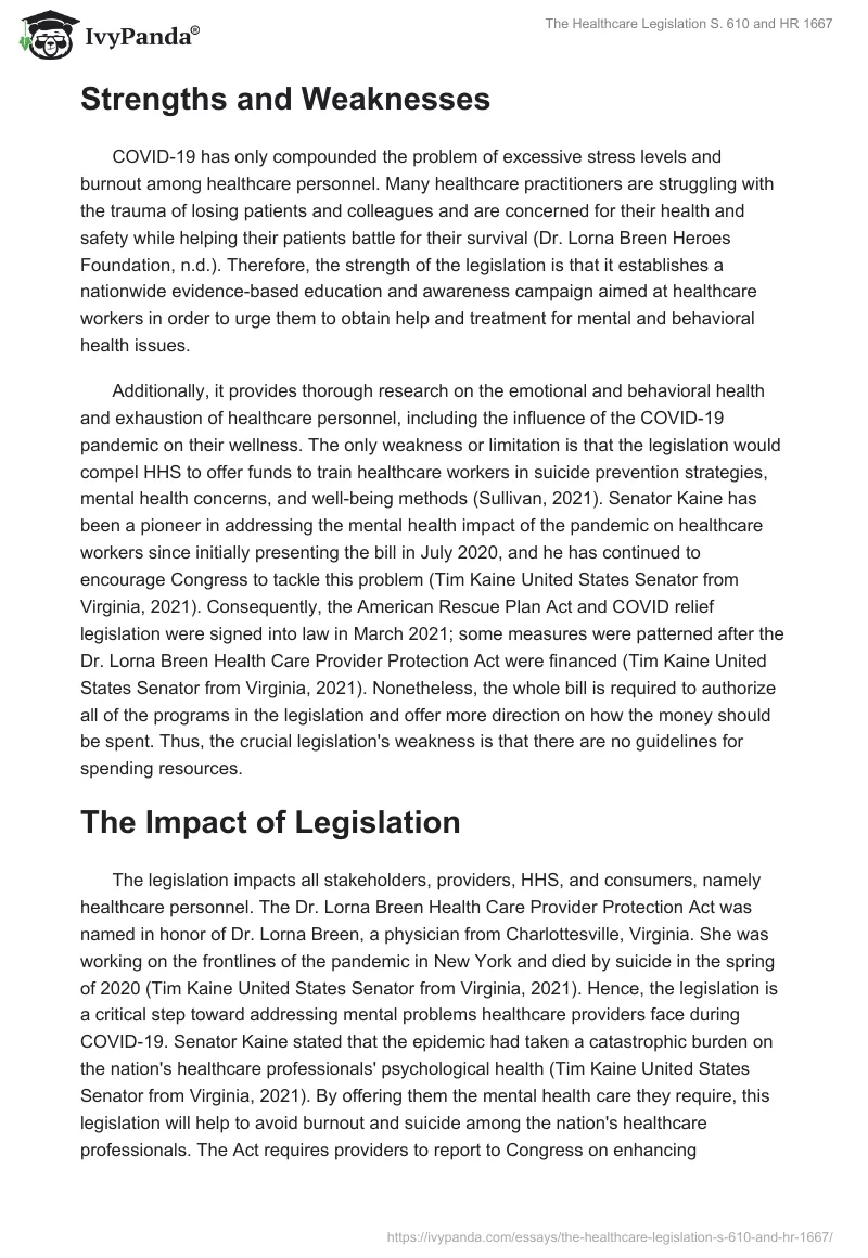 The Healthcare Legislation S. 610 and HR 1667. Page 2