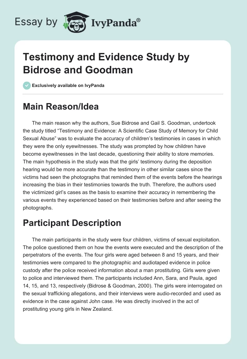 Testimony and Evidence Study by Bidrose and Goodman. Page 1