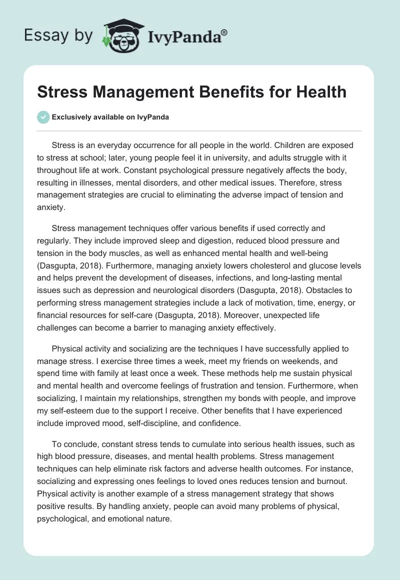 Stress Management Benefits for Health. Page 1