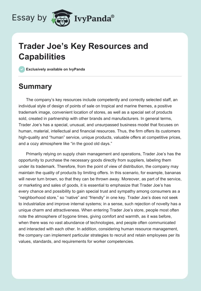 Trader Joe’s Key Resources and Capabilities. Page 1