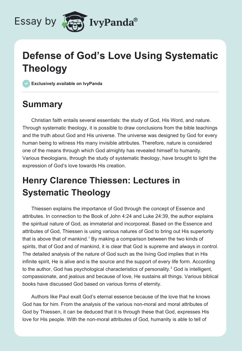 Defense of God’s Love Using Systematic Theology. Page 1