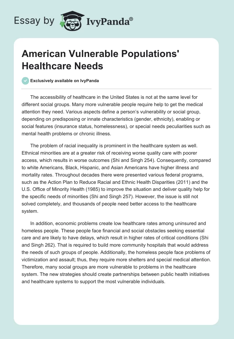 American Vulnerable Populations' Healthcare Needs. Page 1