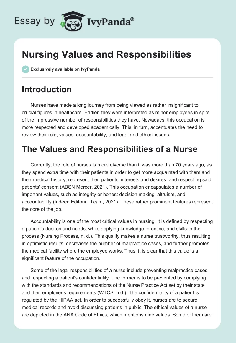 Nursing Values and Responsibilities. Page 1