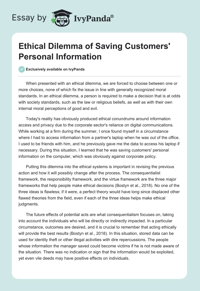 Ethical Dilemma of Saving Customers' Personal Information. Page 1