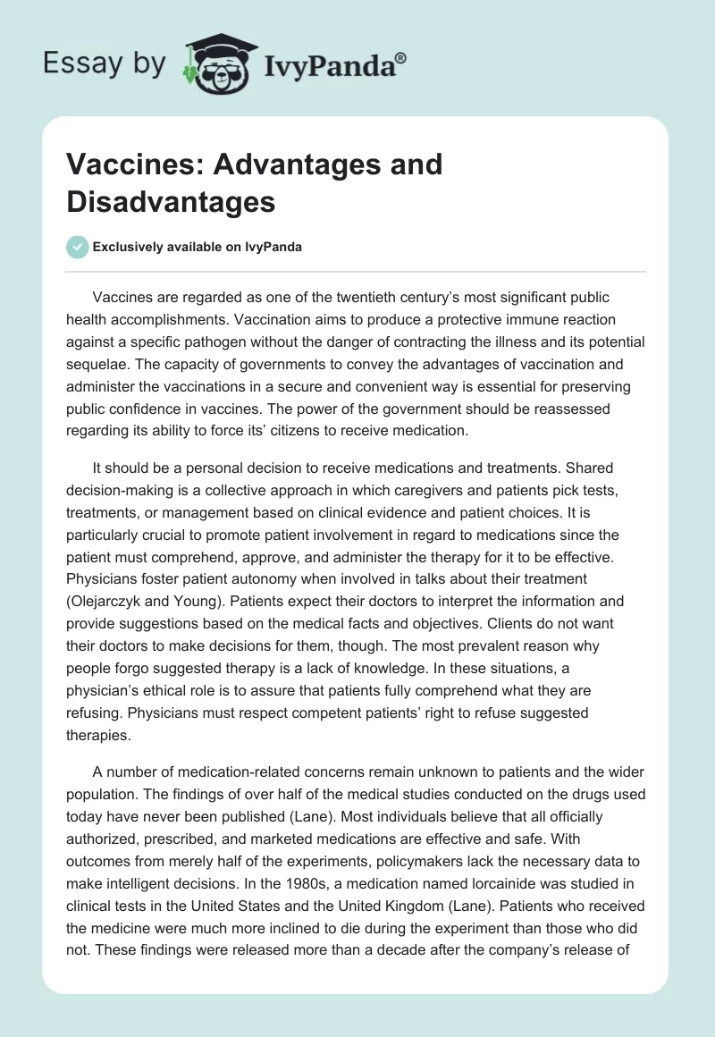 Vaccines: Advantages and Disadvantages. Page 1