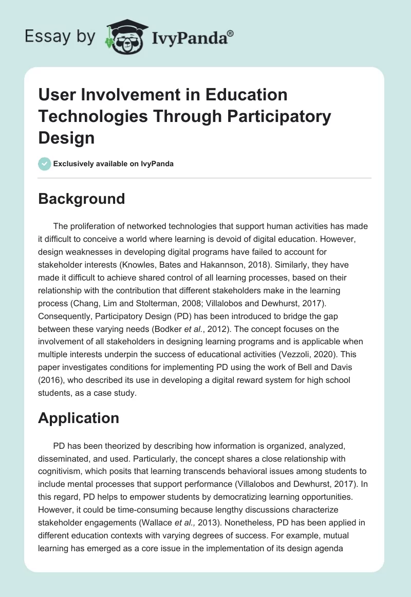 User Involvement in Education Technologies Through Participatory Design. Page 1