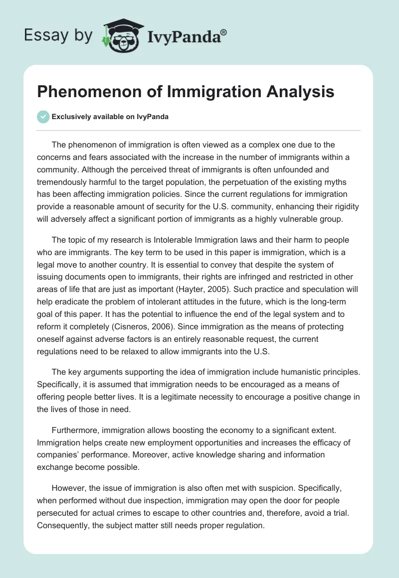 Phenomenon of Immigration Analysis. Page 1