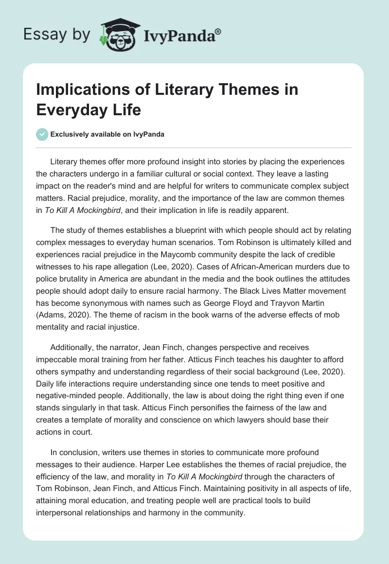 Implications of Literary Themes in Everyday Life. Page 1