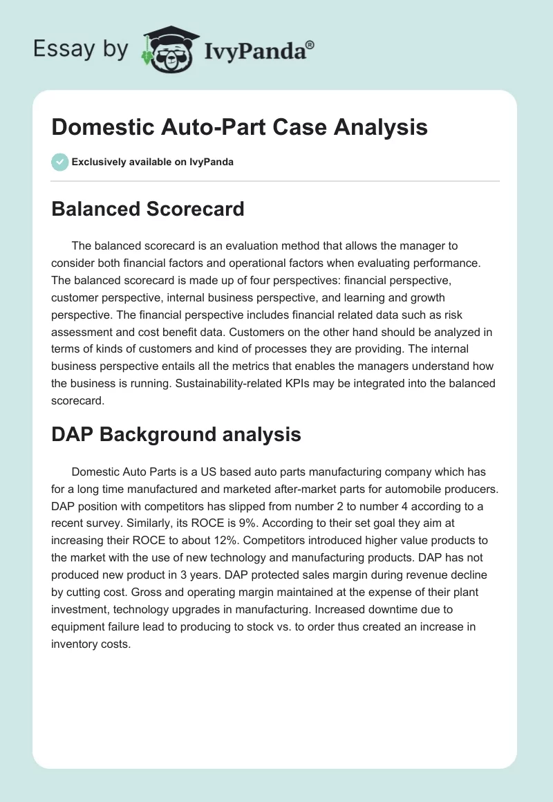 Domestic Auto-Part Case Analysis. Page 1