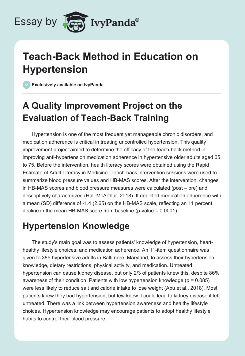 Teach-Back Method in Education on Hypertension. Page 1
