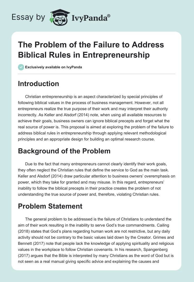 The Problem of the Failure to Address Biblical Rules in Entrepreneurship. Page 1