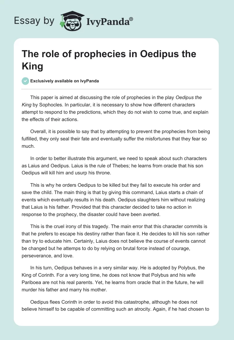 The Role of Prophecies in Oedipus the King. Page 1