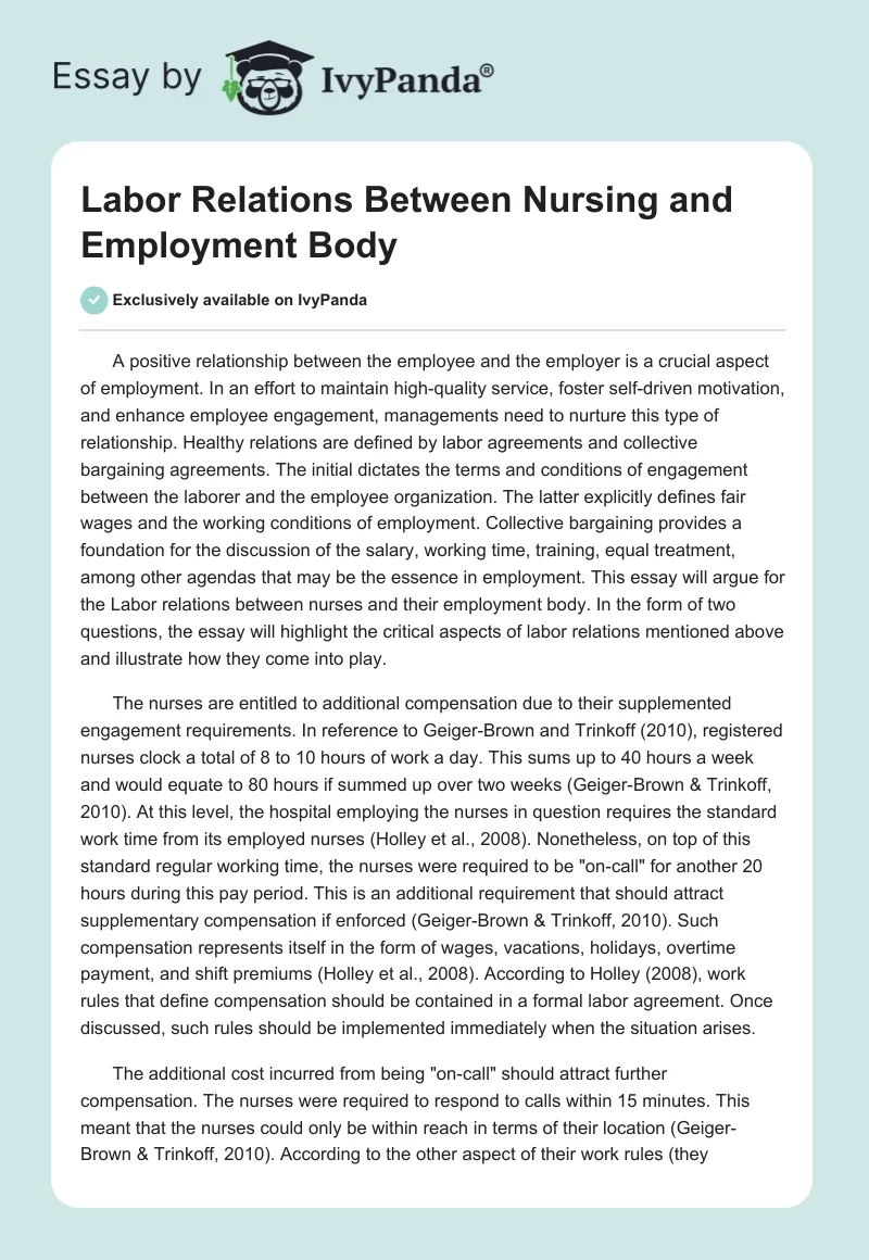 Labor Relations Between Nursing and Employment Body. Page 1