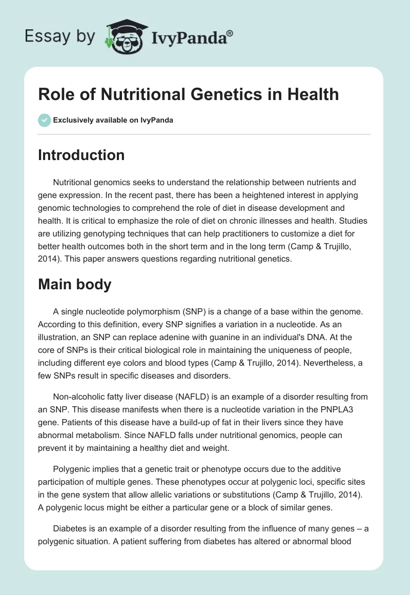 Role of Nutritional Genetics in Health. Page 1