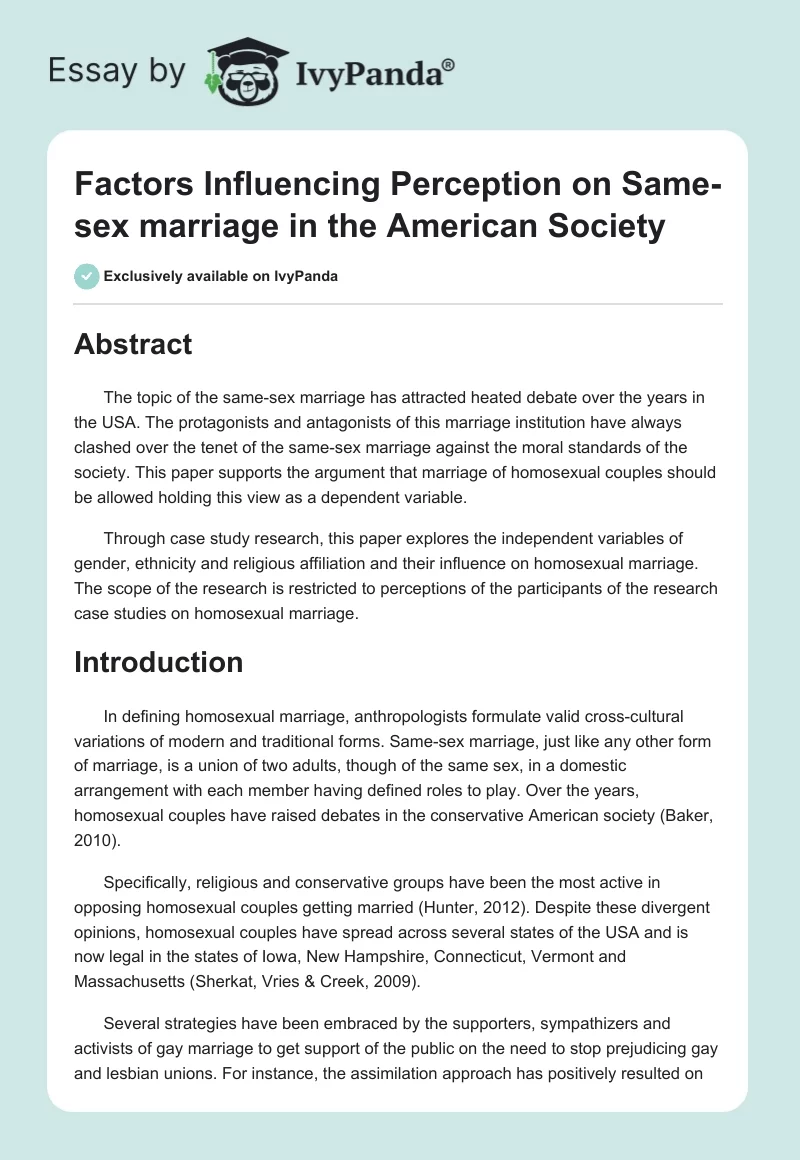 Factors Influencing Perception on Same-sex marriage in the American Society. Page 1