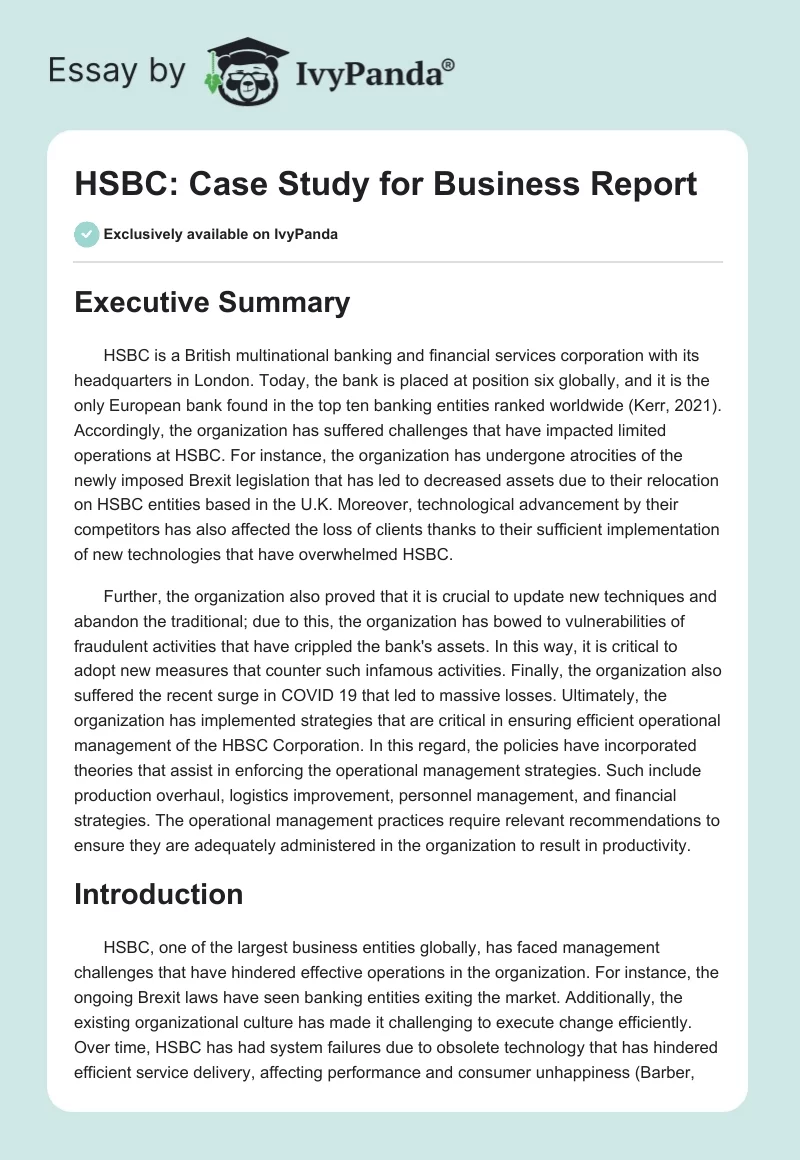 HSBC: Case Study for Business Report. Page 1