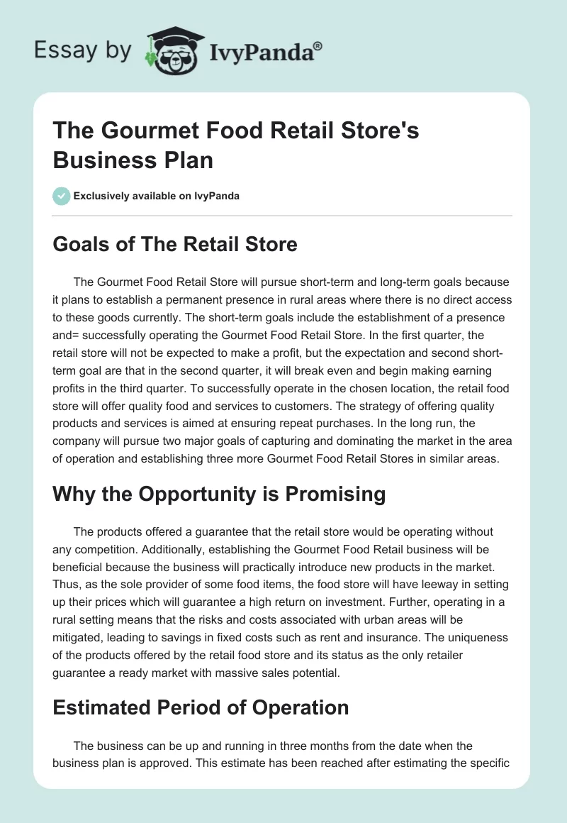 The Gourmet Food Retail Store's Business Plan. Page 1