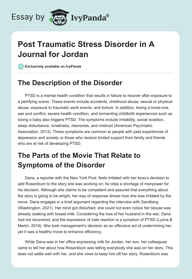 Post Traumatic Stress Disorder in A Journal for Jordan. Page 1