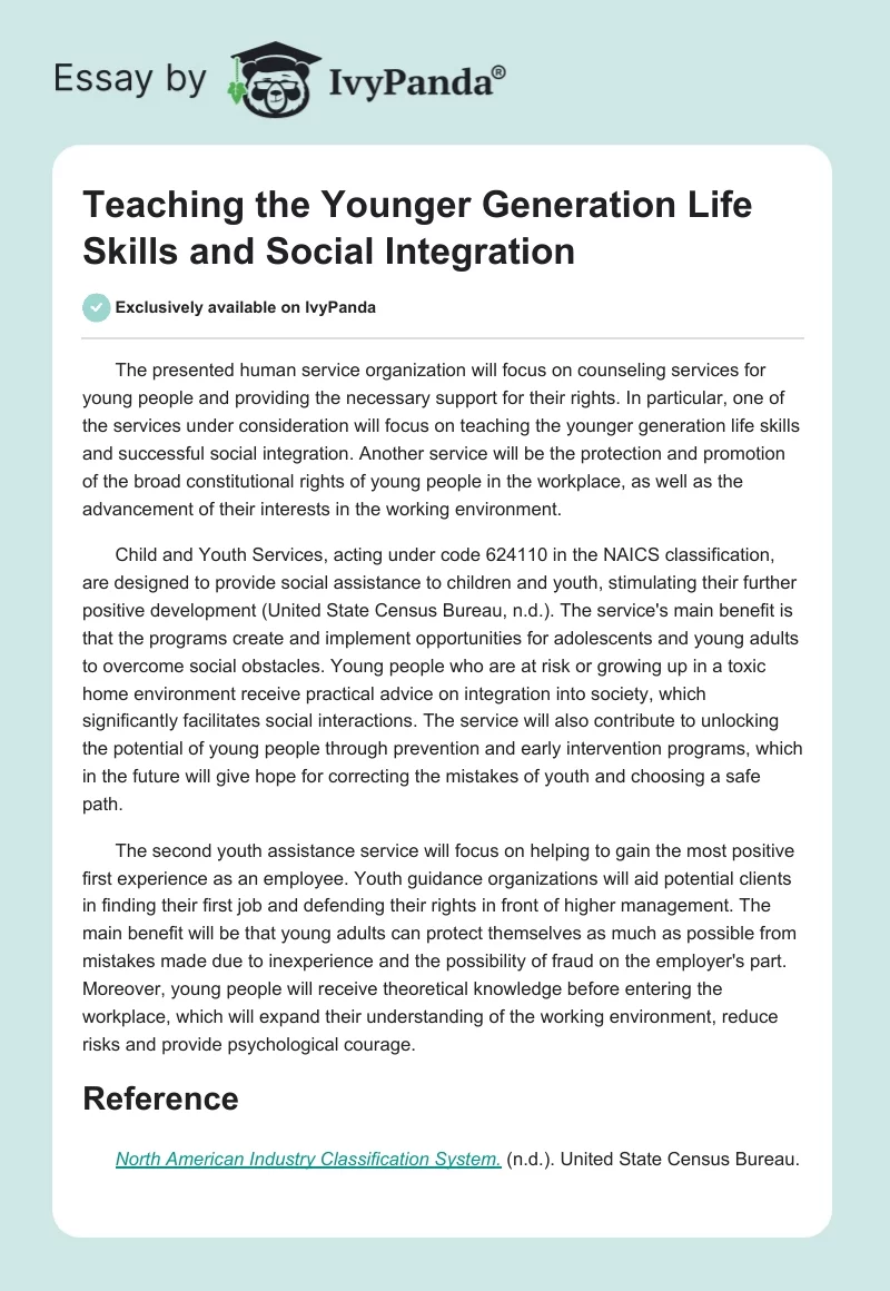 Teaching the Younger Generation Life Skills and Social Integration. Page 1