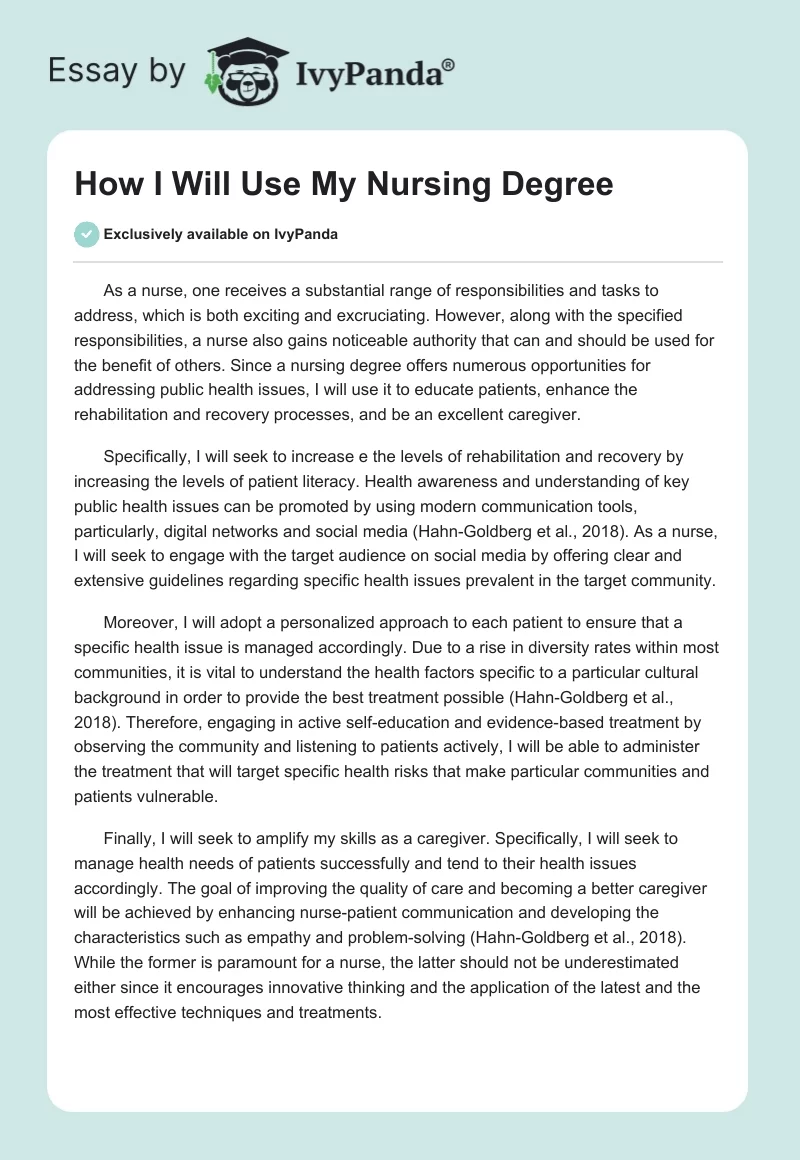 How I Will Use My Nursing Degree. Page 1