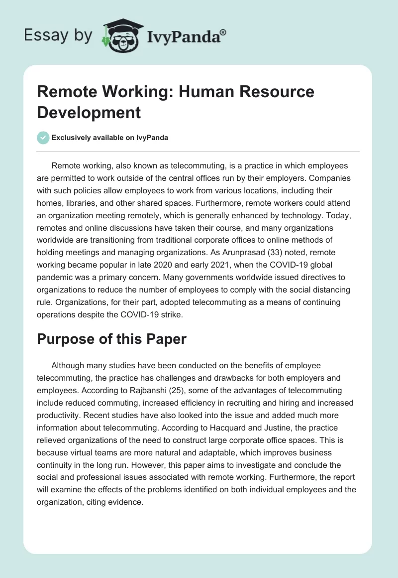 Remote Working: Human Resource Development. Page 1