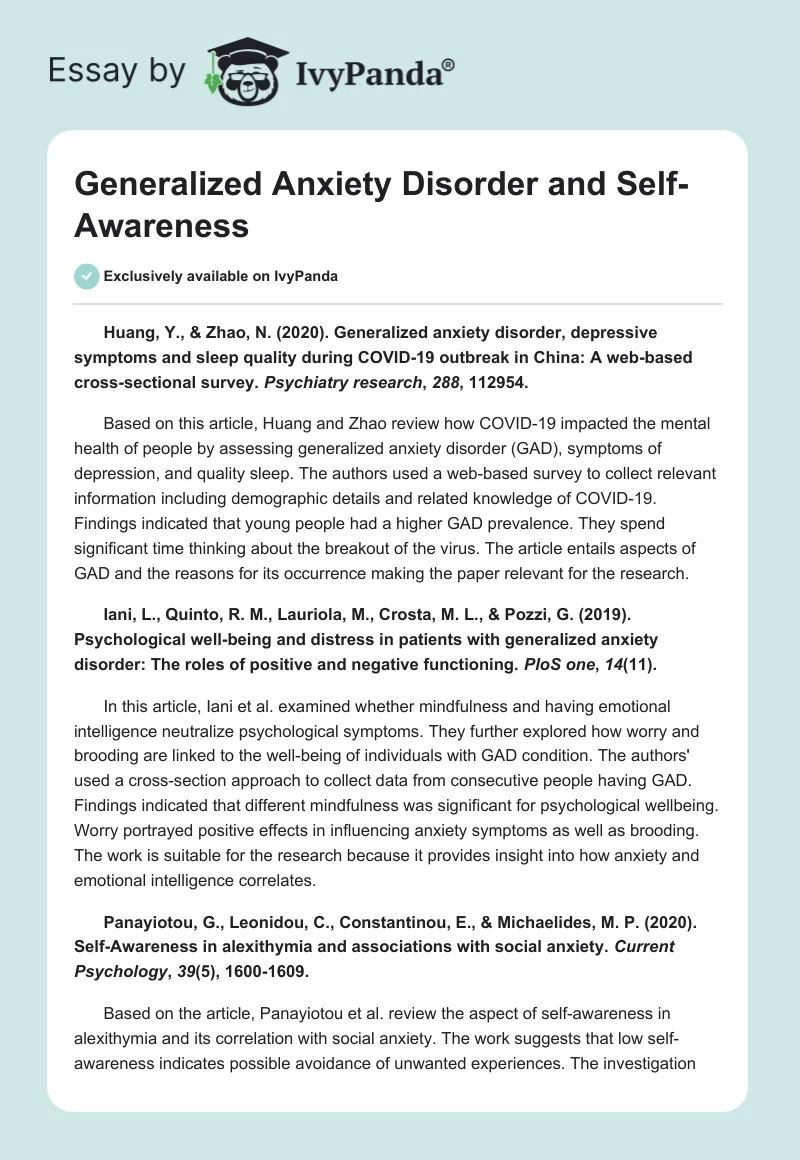 Generalized Anxiety Disorder and Self-Awareness. Page 1