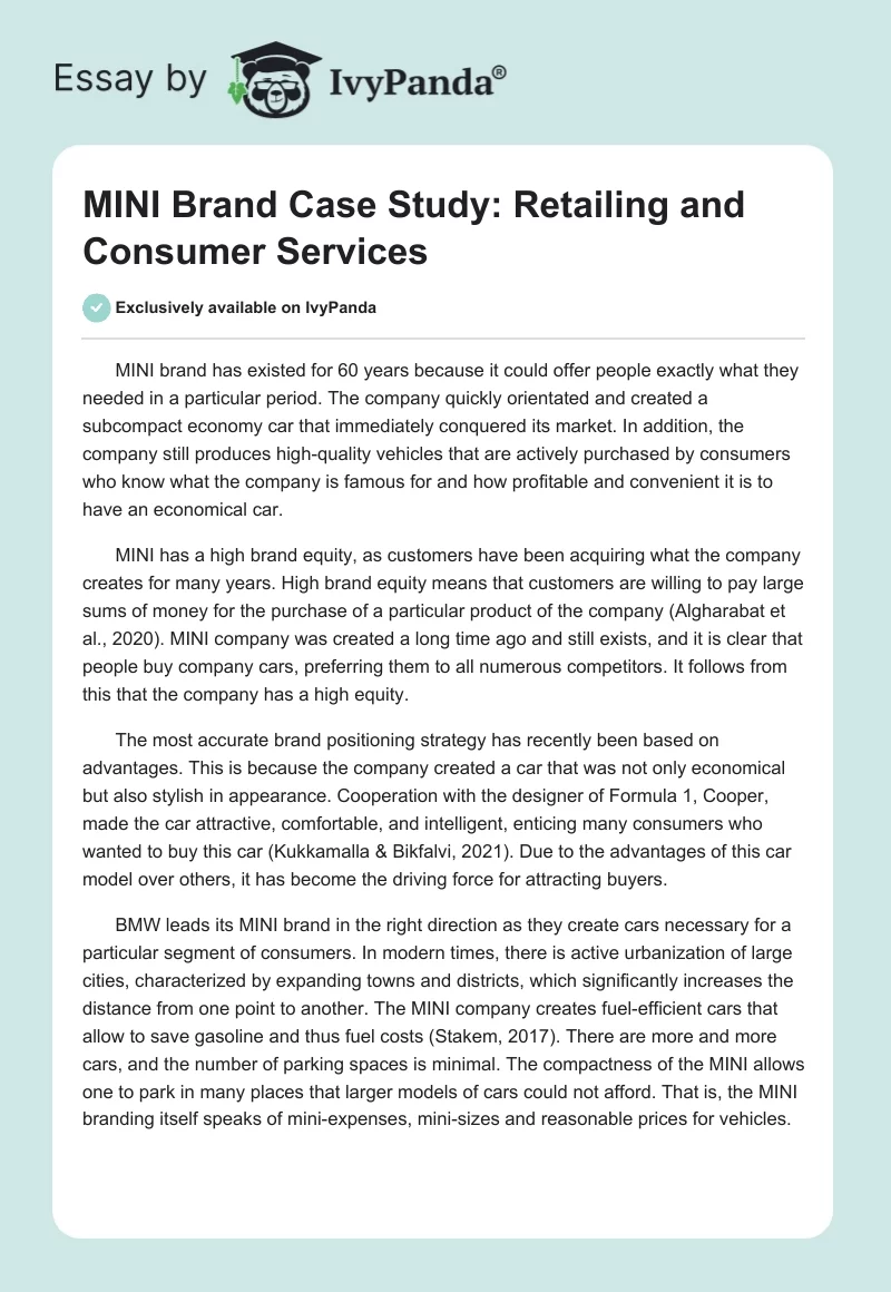 MINI Brand Case Study: Retailing and Consumer Services. Page 1