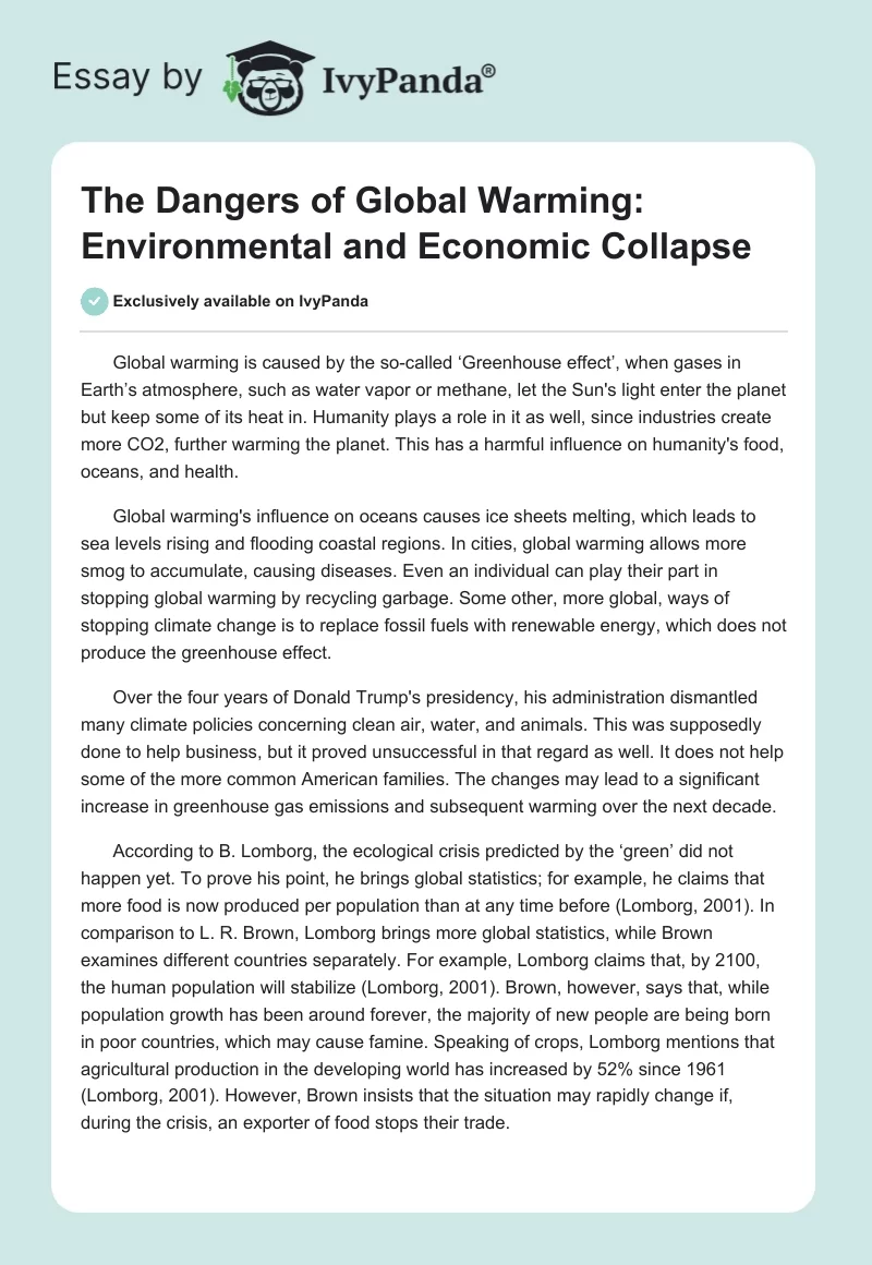 The Dangers of Global Warming: Environmental and Economic Collapse. Page 1