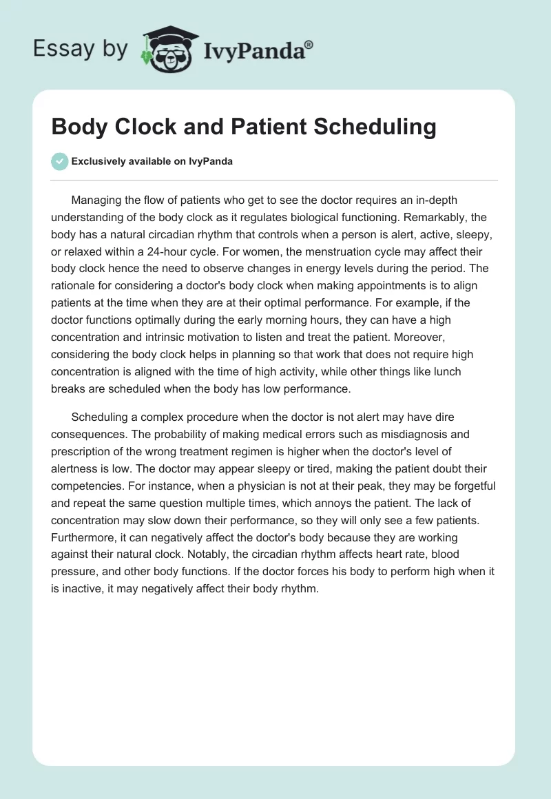 Body Clock and Patient Scheduling. Page 1