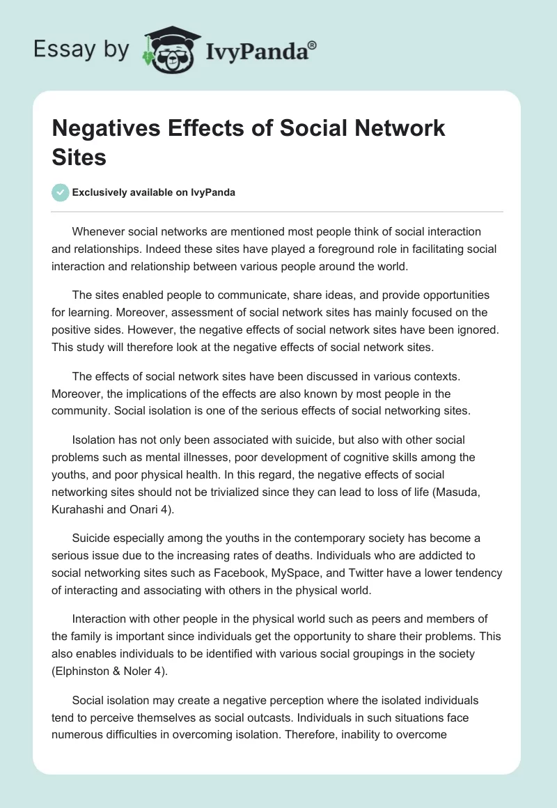 Negatives Effects of Social Network Sites. Page 1
