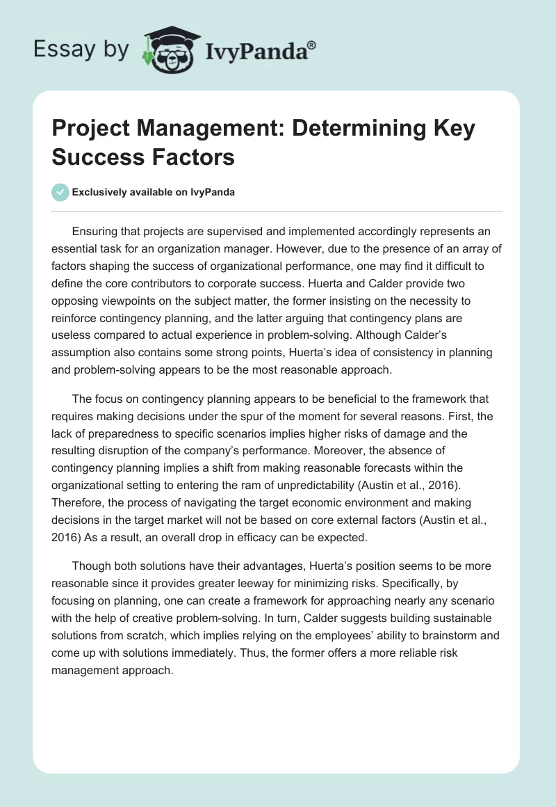 Project Management: Determining Key Success Factors - 292 Words | Essay ...