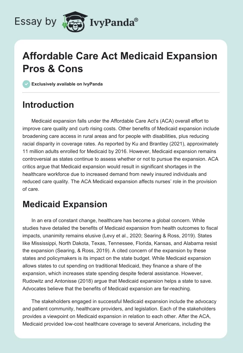 Affordable Care Act Medicaid Expansion Pros & Cons. Page 1