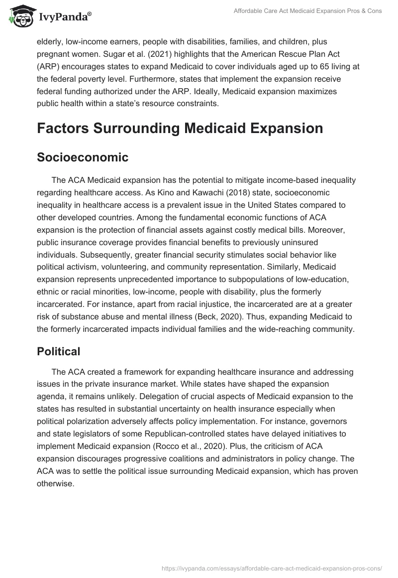 Affordable Care Act Medicaid Expansion Pros & Cons. Page 2