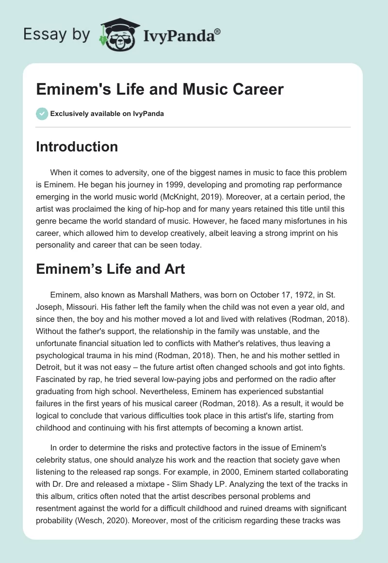 Eminem's Life and Music Career. Page 1