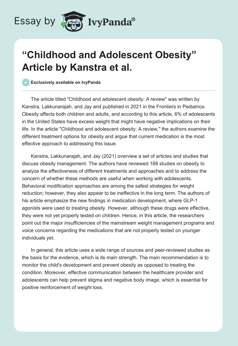 “Childhood and Adolescent Obesity”: Article Review. Page 1