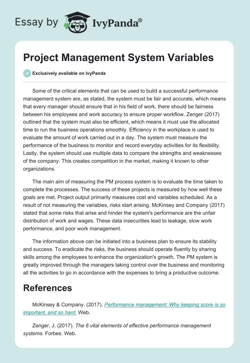 Project Management System Variables. Page 1