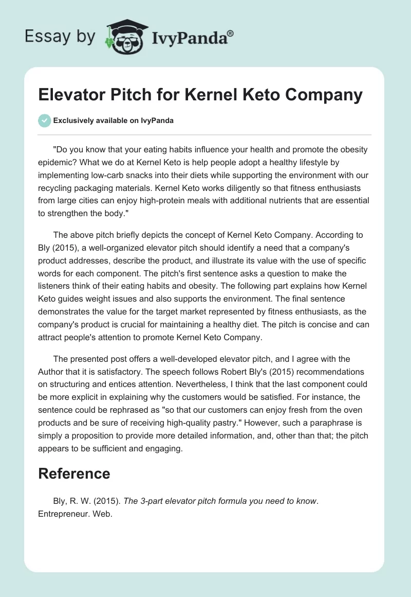 Elevator Pitch for Kernel Keto Company. Page 1