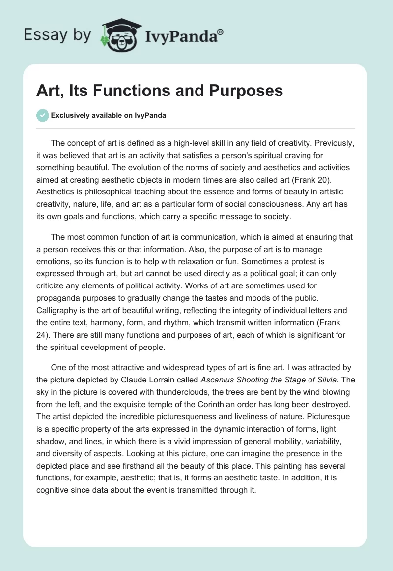 Art, Its Functions and Purposes. Page 1