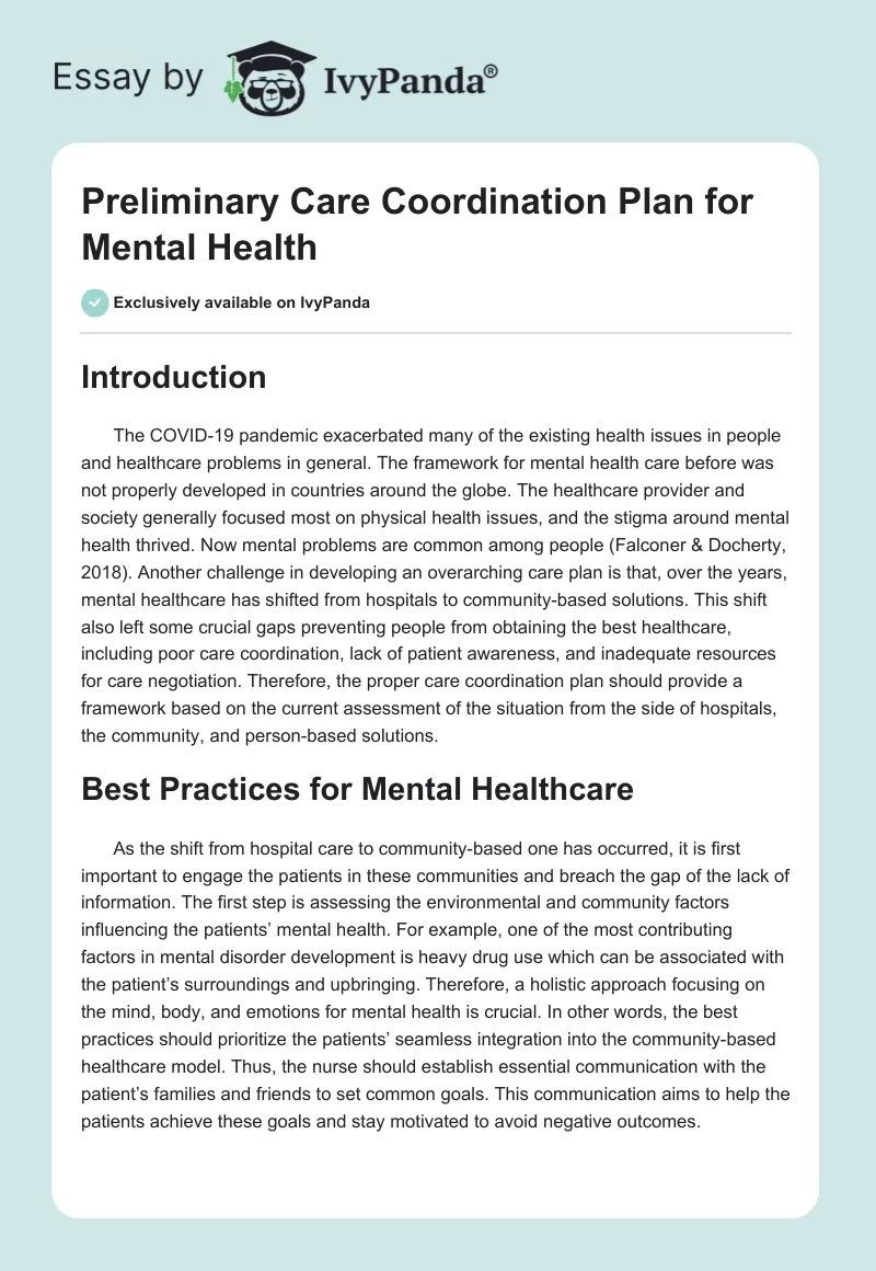Preliminary Care Coordination Plan for Mental Health. Page 1